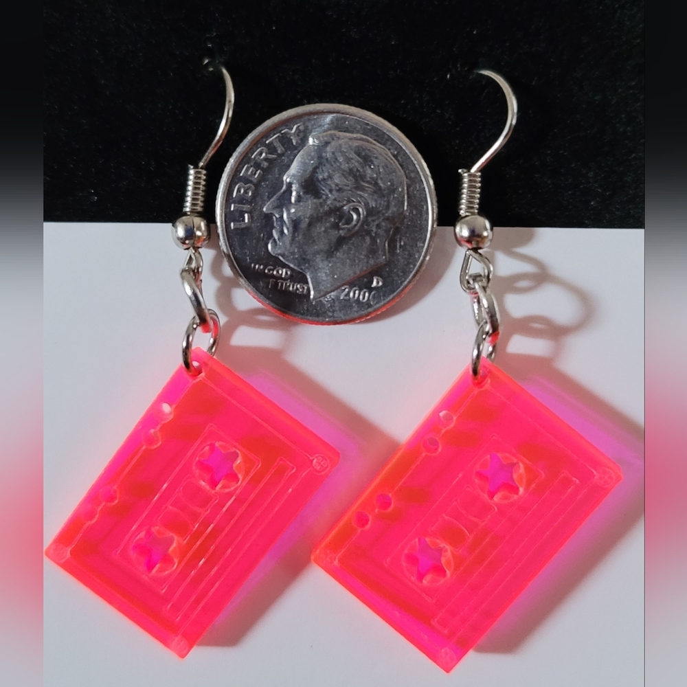 Neon Pink Cassette Tape Earrings